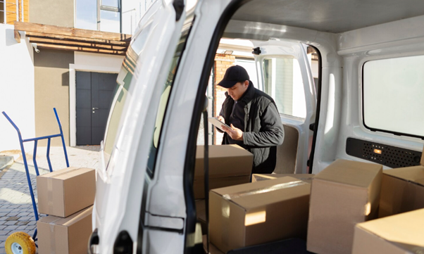 A delivery driver uses a tablet while loading boxes into a white van.